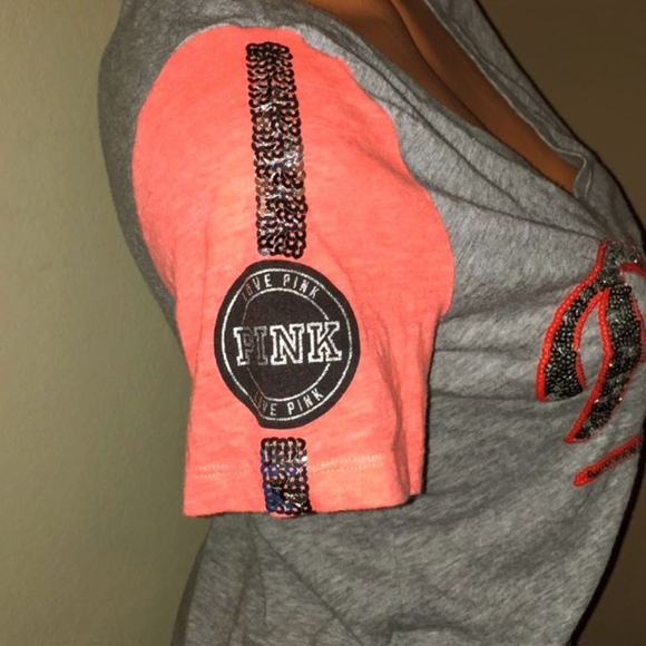 PINK Victoria's Secret Bling Sequin Heather Gray Orange Perfect Tee NWT Large - Picture 4 of 9